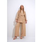 Trend Alaçatı Stili Kadın Bej Bisiklet Yaka Kendinden Kemerli Palazzo Pantolon Tunik Takım ALC-X12299