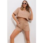 Trend Alaçatı Stili Kadın Bej Polo Yaka Crop Bluz Ve Şortlu Dokuma Alt Üst Takım Alc-X11739