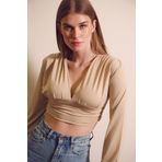 Trend Alaçatı Stili Kadın Bej V Yaka Önü Ve Beli Büzgülü Sandy Crop Bluz ALC-X7745