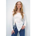 Trend Alaçatı Stili Kadın Beyaz Asimetrik Kesim Önü Büzdürmeli Madonna Yaka Sandy Bluz ALC-X13458