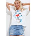 Trend Alaçatı Stili Kadın Beyaz Bisiklet Yaka Baskılı Oversize Penye T-Shirt ALC-X11960