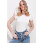 Trend Alaçatı Stili Kadın Beyaz Bisiklet Yaka Kolları Fistolu Bluz ALC-X11579