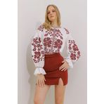 Trend Alaçatı Stili Kadın Beyaz Bisiklet Yaka Kolları Volanlı Full Nakışlı Dokuma Bluz