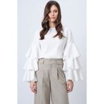 Trend Alaçatı Stili Kadın Beyaz Bisiklet Yaka Kolları Volanlı Krep Bluz ALC-X14714