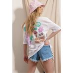 Trend Alaçatı Stili Kadın Beyaz Bisiklet Yaka Önü Ve Arkası Flok Baskılı %100 Pamuk Oversize T-Shirt ALC-X7982