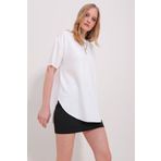 Trend Alaçatı Stili Kadın Beyaz Bisiklet Yaka Oval Kesim Modal T-Shirt ALC-X11506