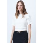 Trend Alaçatı Stili Kadın Beyaz Bisiklet Yaka Yakası İncili Triko Bluz ALC-X14637