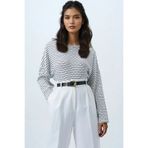 Trend Alaçatı Stili Kadın Beyaz Çizgili Bisiklet Yaka Yarasa Kol Geniş Kesim Triko Bluz ALC-X14392