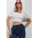 Trend Alaçatı Stili Kadın Beyaz Kare Yaka Karpuz Kol Gipeli Crop Keten Bluz ALC-X11651