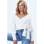 Trend Alaçatı Stili Kadın Beyaz Ön Arka Kruvaze Yaka Bağlama Detaylı Ottoban Crop Bluz Alc-X14346
