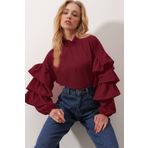 Trend Alaçatı Stili Kadın Bordo Balıkçı Yaka Kolları Kat Volanlı Dokuma Bluz