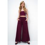 Trend Alaçatı Stili Kadın Bordo Beli Gipeli Çift Cepli Bol Paça Gabardin Pantolon ALC-X13949