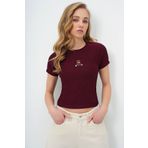 Trend Alaçatı Stili Kadın Bordo Bisiklet Yaka Ayıcık Baskılı Crop Bluz ALC-X13672