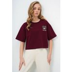 Trend Alaçatı Stili Kadın Bordo Bisiklet Yaka Ayıcık Motifli Oversize Crop T-Shırt ALC-X13675