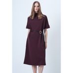 Trend Alaçatı Stili Kadın Bordo Dik Yaka Kısa Kollu Kemerli Midi Boy Örme Elbise ALC-X14634