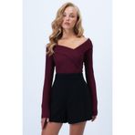 Trend Alaçatı Stili Kadın Bordo Geniş Yakalı Ottoban Bluz Alc-X14342