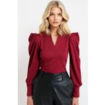 Trend Alaçatı Stili Kadın Bordo Hakim Yaka Prenses Kol Dokuma Crop Bluz ALC-X9659