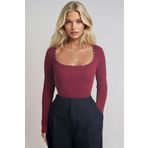 Trend Alaçatı Stili Kadın Bordo Kare Yaka İnci Çakmalı Fitilli Örme Bluz ALC-X13335