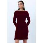 Trend Alaçatı Stili Kadın Bordo Kayık Yaka Kolu Ve Eteği Fırfırlı Triko Elbise ALC-X14285