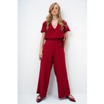 Trend Alaçatı Stili Kadın Bordo V Yaka Kolları Volanlı Kendinden Kuşaklı Dokuma Yazlık Tulum Alc-X13787