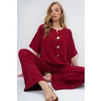 Trend Alaçatı Stili Kadın Bordo V Yaka Metal Gold Düğme Detaylı Aerobin Bluz Ve Pantolon Alt Üst Takım ALC-X14122