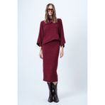 Trend Alaçatı Stili Kadın Bordo Yaka Tasarımlı Yarasa Kol Triko Bluz Ve Kalem Etek Takım ALC-X14625