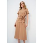 Trend Alaçatı Stili Kadın Camel Bisiklet Yaka Drape Detaylı Bluz Ve Kloş Etek Takım ALC-X13479