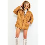 Trend Alaçatı Stili Kadın Camel Kapüşonlu Fleto Cepli Puffer Fashion Oversize Şişme Mont