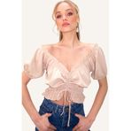 Trend Alaçatı Stili Kadın Camel Madonna Yaka Beli Ve Kolları Lastikli Önü Büzgülü Crop Dokuma Bluz ALC-X8562
