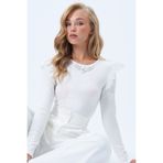 Trend Alaçatı Stili Kadın Ekru Bisiklet Yaka Kolu Fırfırlı Taş İşlemeli Kaşkorse Bluz Alc-X14386