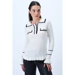 Trend Alaçatı Stili Kadın Ekru Polo Yaka Düğme Detaylı Triko Bluz ALC-X14289