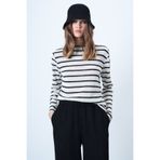 Trend Alaçatı Stili Kadın Ekru-Siyah Kayık Yaka Çizgili Oversize Basic Bluz ALC-X14542