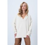 Trend Alaçatı Stili Kadın Ekru V Yaka Kruvaze Kesimli Oversize Sweatshırt ALC-X14555