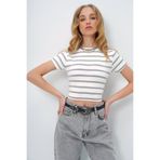 Trend Alaçatı Stili Kadın Gri Bisiklet Yaka Yarım Kol Çizgili Crop Bluz ALC-X13348