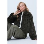 Trend Alaçatı Stili Kadın Haki Deri Detaylı Önü Fermuarlı Peluş Ceket ALC-X14577