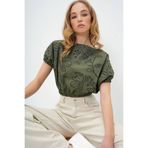 Trend Alaçatı Stili Kadın Haki Geniş Yaka Güpür Premium Crop Dokuma Bluz ALC-X13769