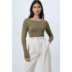 Trend Alaçatı Stili Kadın Haki Kayık Yaka Basic Bluz ALC-X14395