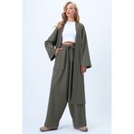 Trend Alaçatı Stili Kadın Haki Kendinden Dokulu Örme Uzun Kimono Ve Çift Cepli Palazzo Pantolon Takım ALC-X14387
