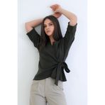 Trend Alaçatı Stili Kadın Haki Kruvaze Bağlamalı Truvakar Manşet Kollu Ottoban Bluz Alc-X15293