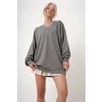 Trend Alaçatı Stili Kadın Haki V Yaka Çıtçıt Detaylı Oversize Sweatshirt ALC-X12783