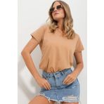 Trend Alaçatı Stili Kadın Hardal V Yaka Basic T-Shirt ALC-1045-A