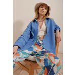 Trend Alaçatı Stili Kadın Havacı Mavi Oversize Keten Gömlek ALC-X10343