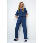 Trend Alaçatı Stili Kadın İndigo Mavi Bisiklet Yaka Kısa Kol T-Shirt Ve Pantolon Takım ALC-X14069