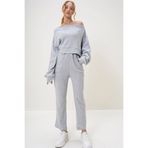 Trend Alaçatı Stili Kadın İnterlok Kumaş Madonna Yaka Crop Sweat Ve Pantolon Takim Gri ALC-X13075