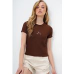 Trend Alaçatı Stili Kadın Kahverengi Bisiklet Yaka Ayıcık Baskılı Crop Bluz ALC-X13672
