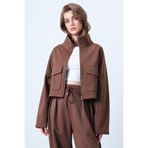 Trend Alaçatı Stili Kadın Kahverengi Dik Yaka Çift Cepli Reglan Kol Ceket ALC-X14409