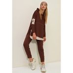 Trend Alaçatı Stili Kadın Kahverengi Kat Kat Kapüşonlu Sweatshirt Ve Eşofman Altı İkili Takım ALC-X7144