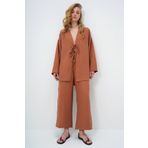 Trend Alaçatı Stili Kadın Kahverengi Önü Bağcıklı Kimono Ceket Ve Palazzo Pantolon Takım ALC-X12452