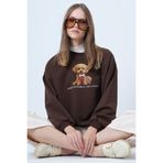 Trend Alaçatı Stili Kadın Kahverengi Önü Baskılı Oversize Pamuklu Sweatshırt ALC-X14651