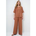 Trend Alaçatı Stili Kadın Karamel V Yaka Metal Gold Düğme Detaylı Aerobin Bluz Ve Pantolon Alt Üst Takım ALC-X14122